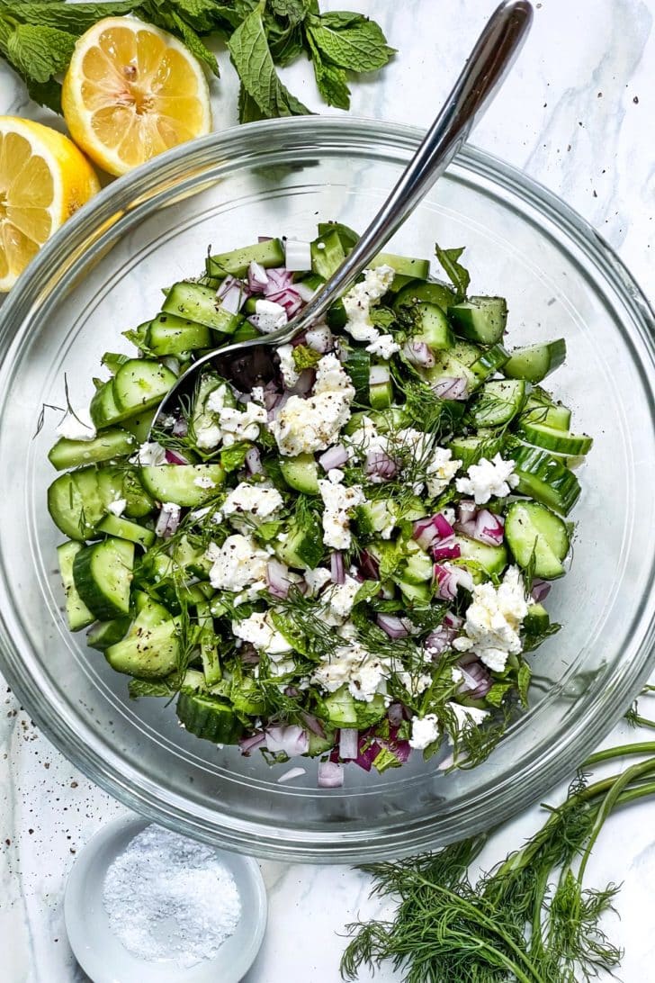 Cucumber and Feta Salad in bowl foodiecrush.com