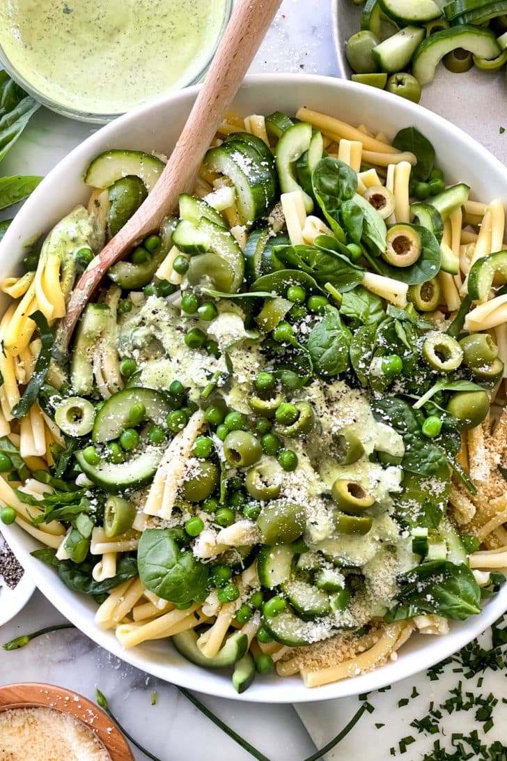 Green Goddess Pasta Salad ingredients in bowl foodiecrush.com