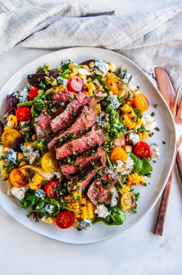 Balsamic Steak Gorgonzola Salad with Grilled Corn from aberdeenskitchen.com on foodiecrush.com