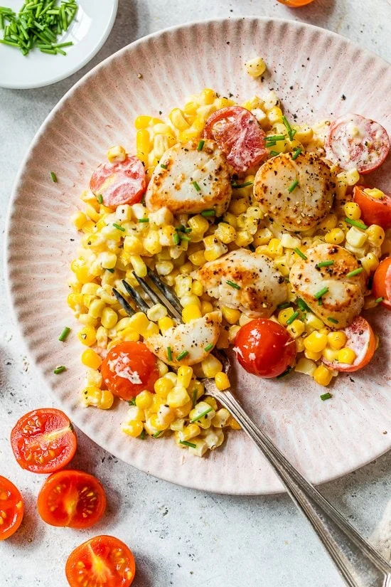 Scallops with Corn and Tomatoes from skinnytaste.com on foodiecrush.com