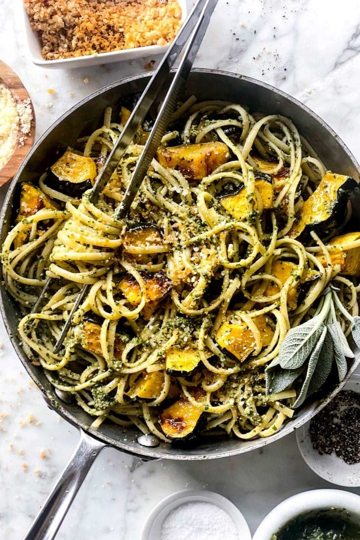 Pasta with Kale Pesto and Acorn Squash in Skillet foodiecrush.com