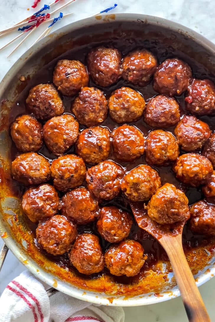 BBQ Meatballs in skillet foodiecrush.com