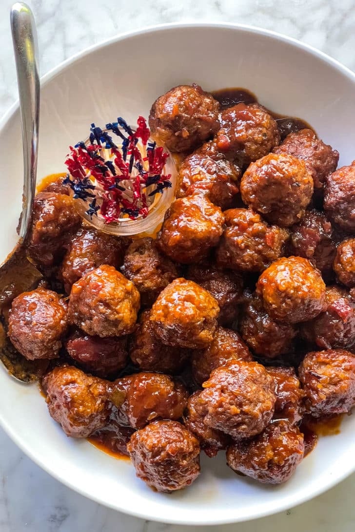 BBQ Meatballs with toothpicks foodiecrush.com