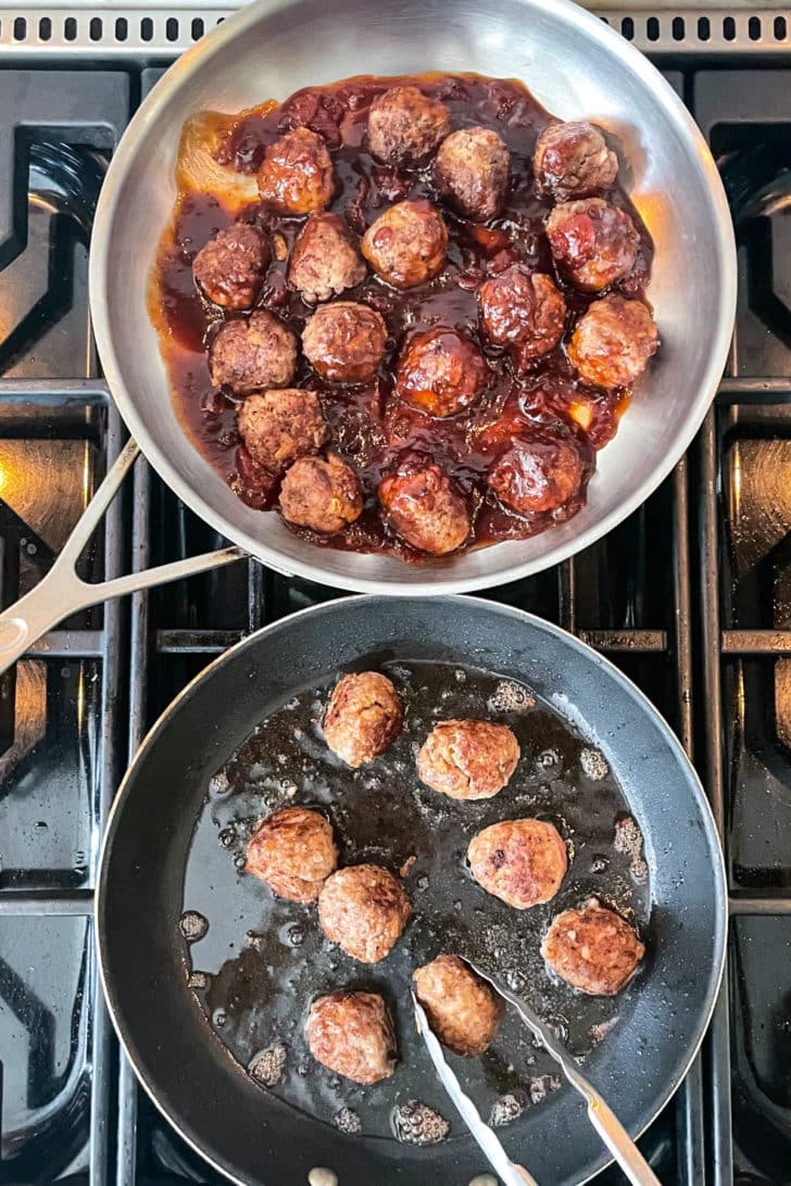 BBQ Meatballs on stove foodiecrush.com