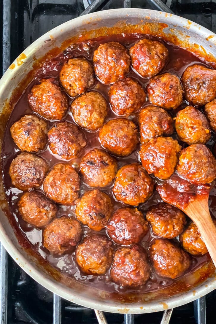 BBQ Meatballs on stove foodiecrush.com