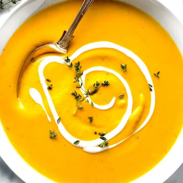 Roasted Butternut Squash Soup in bowl with spoon foodiecrush.com