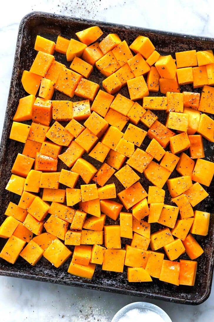 Roasted Butternut Squash on baking sheet before cooking foodiecrush.com