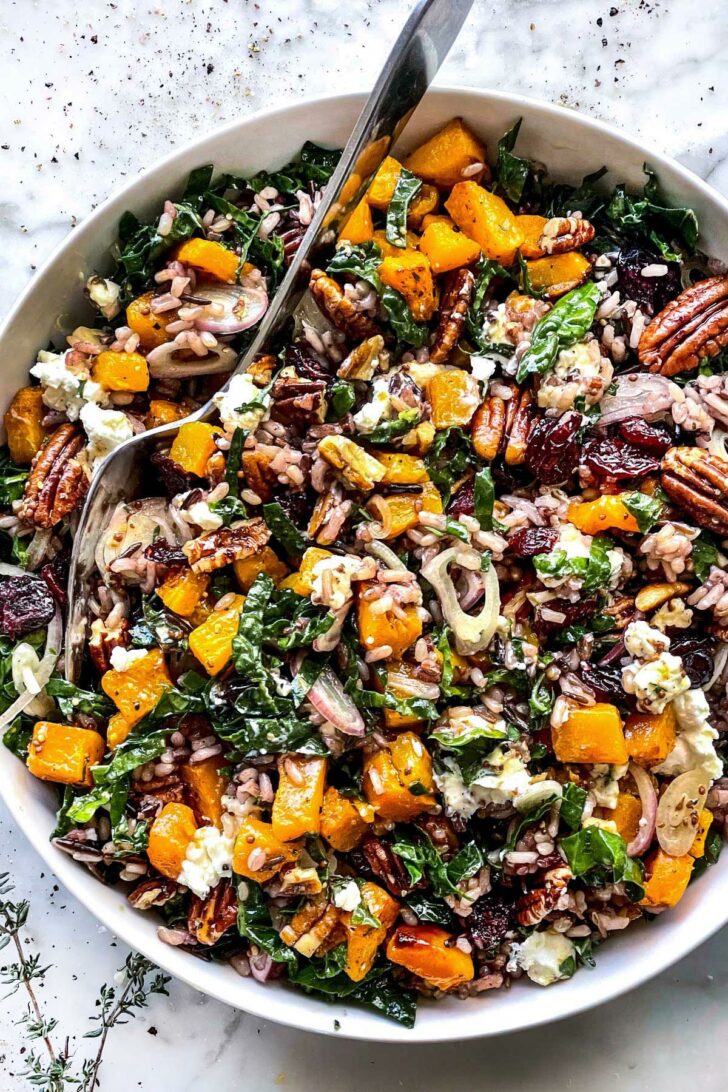 Kale Salad with Wild Rice, Butternut Squash, and Goat Cheese prep foodiecrush.com