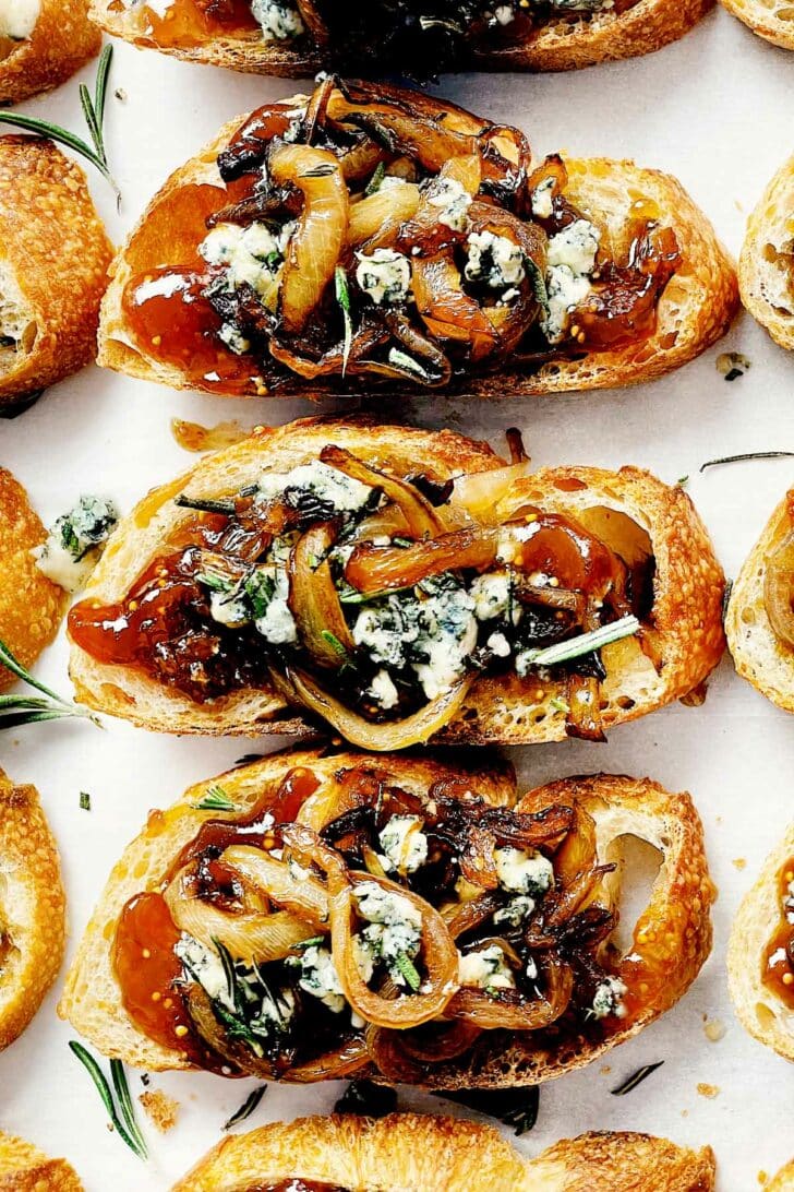 Caramelized Onion Crostini with Fig Jam and Blue Cheese  on foodiecrush.com