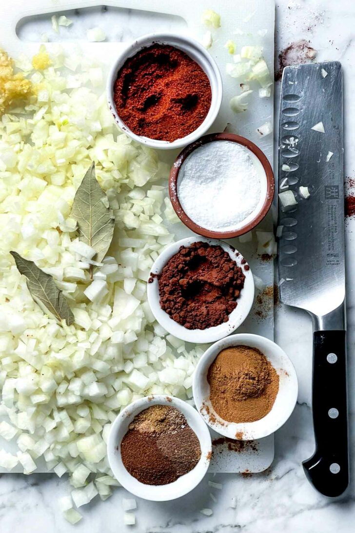 Spices in bowls with onion foodiecrush.com