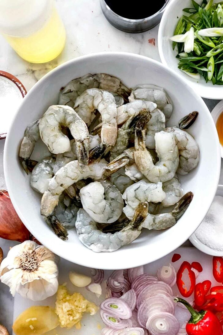 Raw shrimp in bowl foodiecrush.com