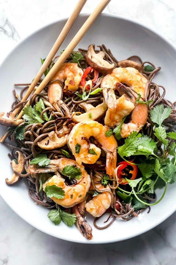 Soba Noodles with Shrimp in bowl foodiecrush.com