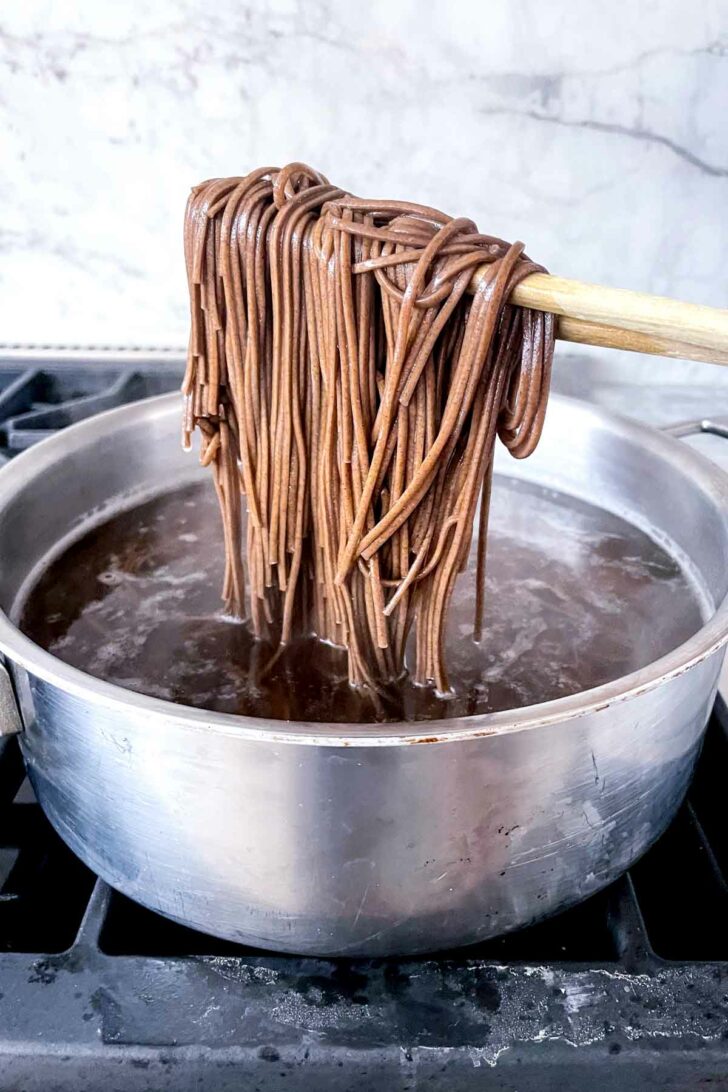 Soba noodles with chopsticks in pot foodiecrush.com