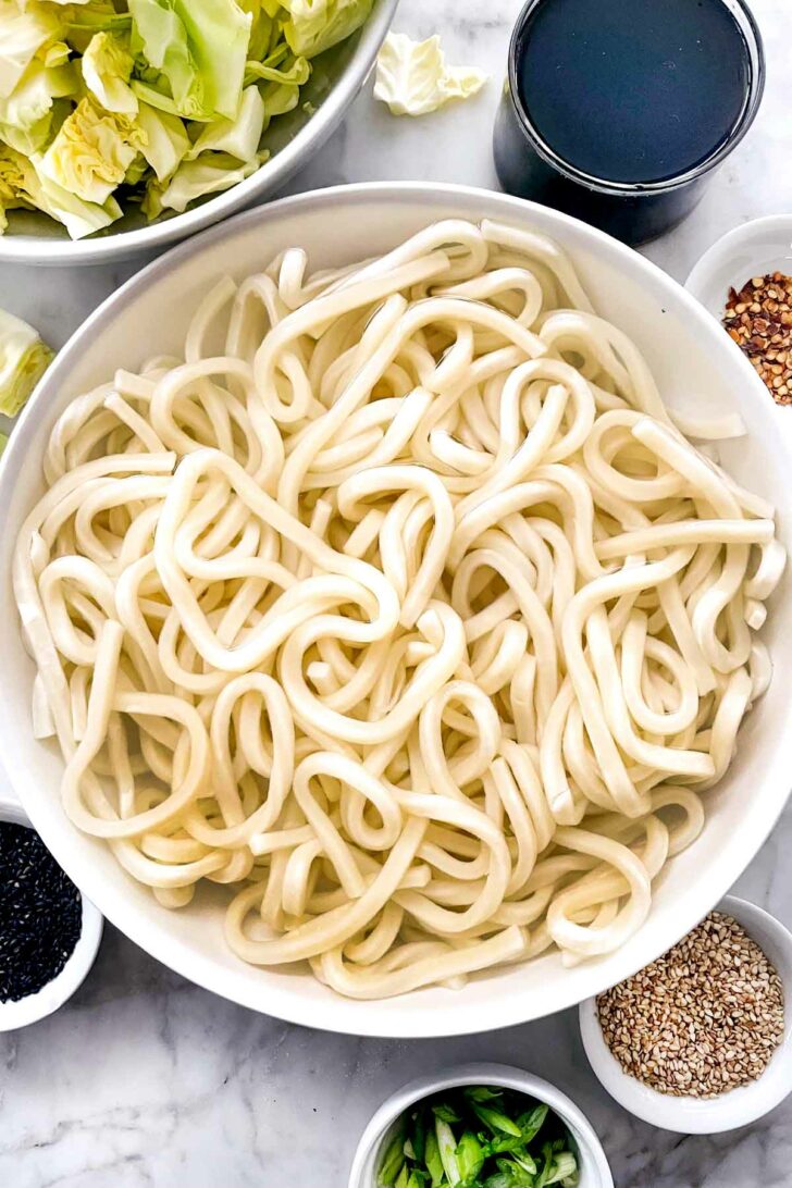 Udon noodles in bowl foodiecrush.com