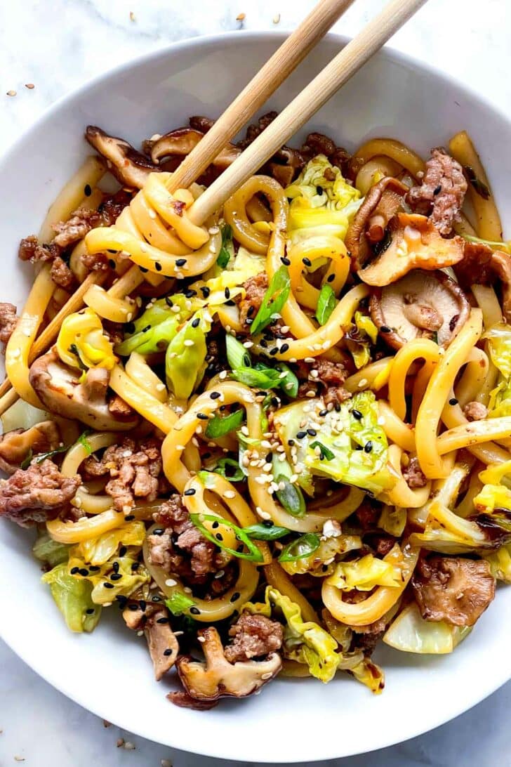 Udon Stir Fry Yaki Udon with Sausage and Cabbage foodiecrush.com