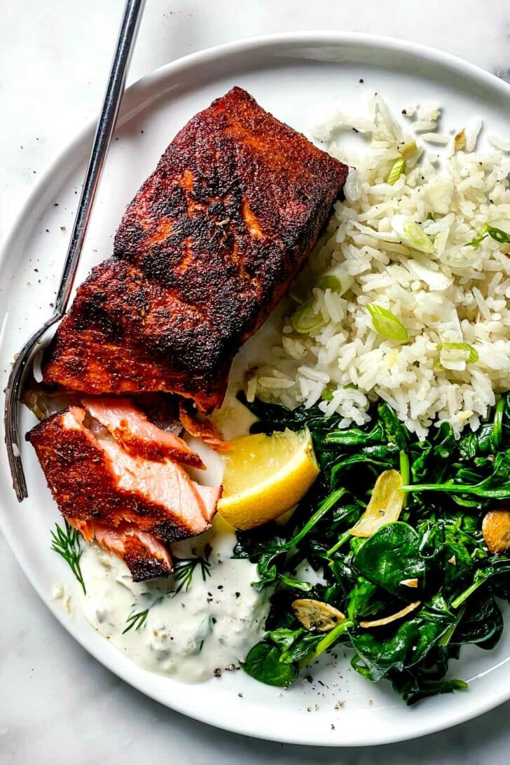 Blackened Salmon with coconut rice and spinach foodiecrush.com