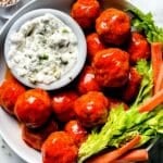 Buffalo Chicken Meatballs with blue cheese dressing foodiecrush.com