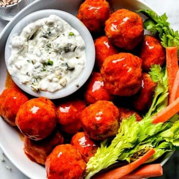 Buffalo Chicken Meatballs with blue cheese dressing foodiecrush.com