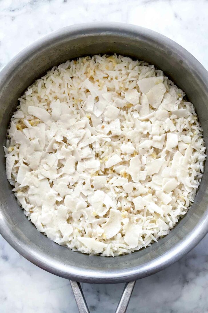 Coconut Rice in pan foodiecrush.com