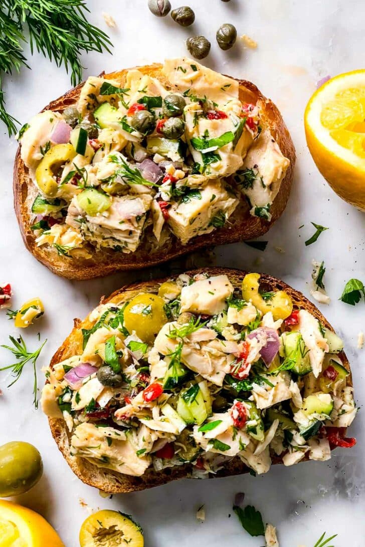 Mediterranean Tuna Salad Toasts foodiecrush.com