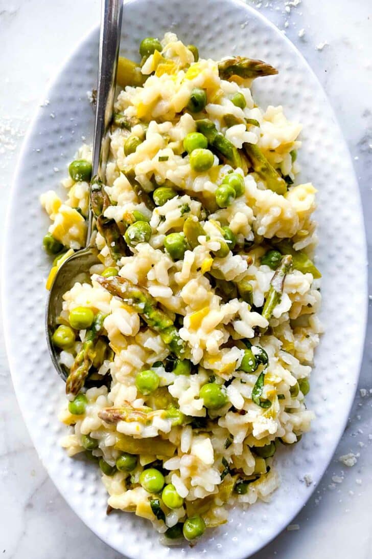 Asparagus Risotto with Peas on platter foodiecrush.com