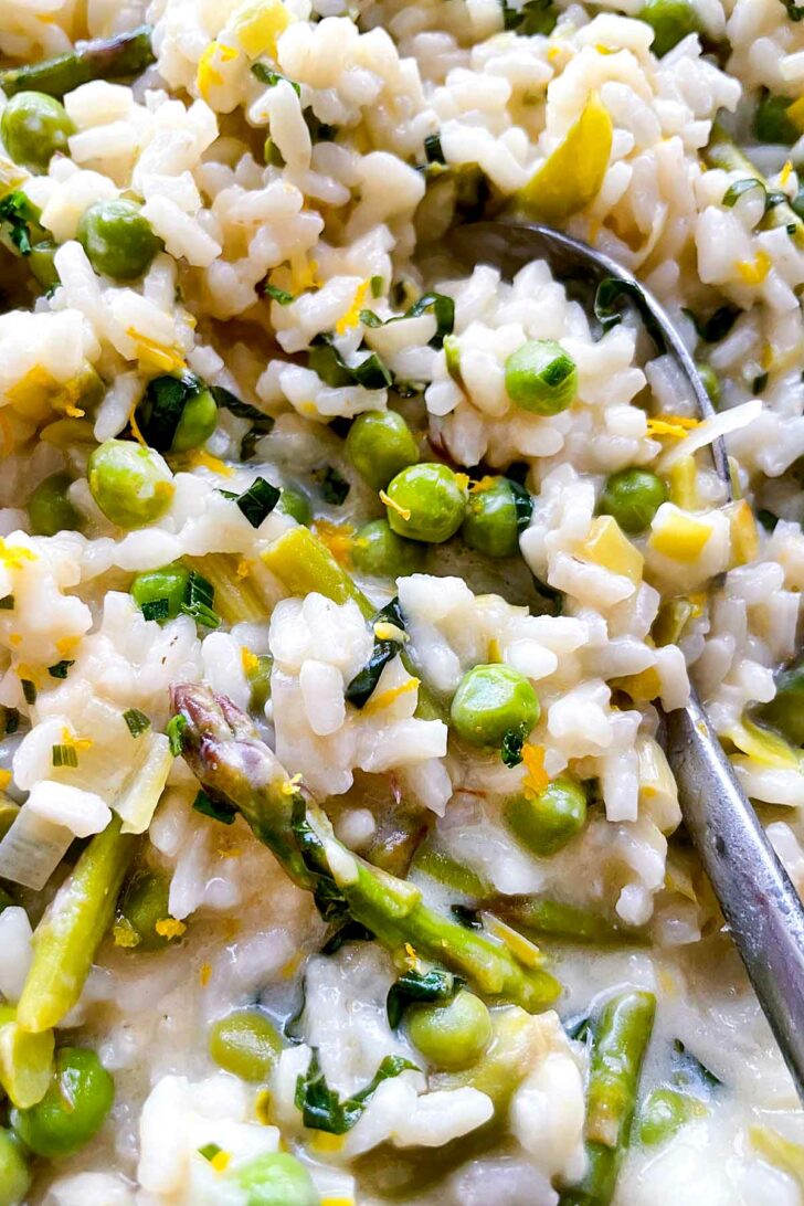 Asparagus Risotto with Peas in spoon foodiecrush.com