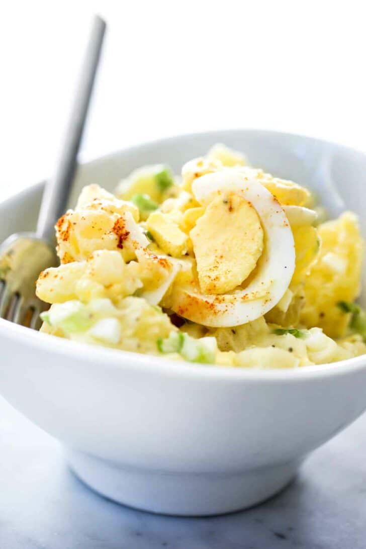 THE BEST Classic Potato Salad in bowl with fork foodiecrush.com
