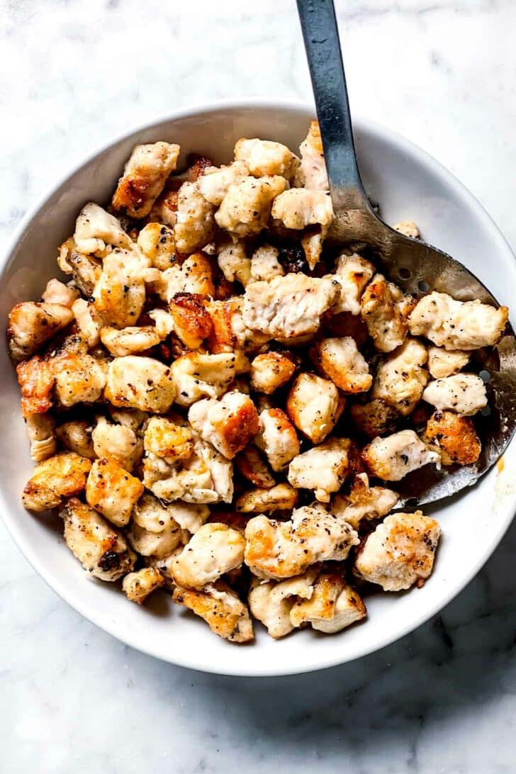 Browned chicken breast cubes foodiecrush.com