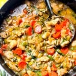 Lemony Chicken Stew with Orzo in dutch oven foodiecrush.com