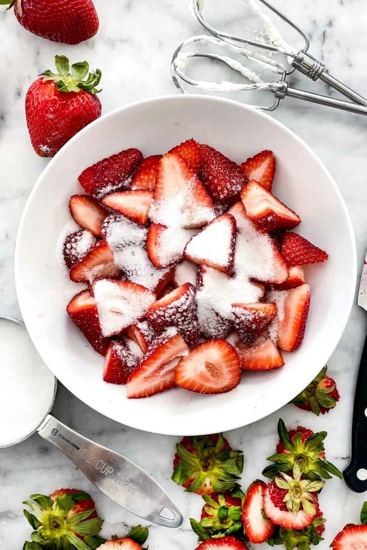 Strawberries with sugar in bowl foodiecrush.com