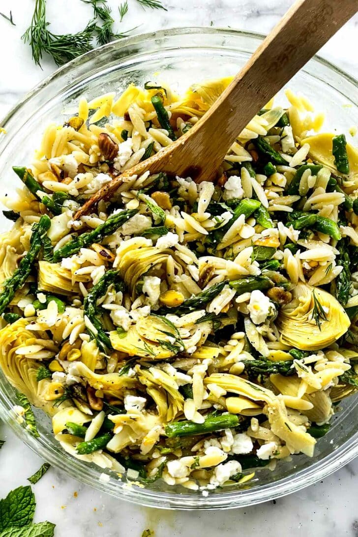 Orzo Salad with Asparagus, Artichoke Hearts and Feta foodiecrush.com