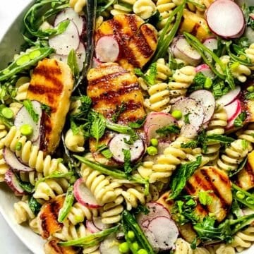 Tahini Pasta Salad with Halloumi Snapeas and Radishes foodiecrush.com