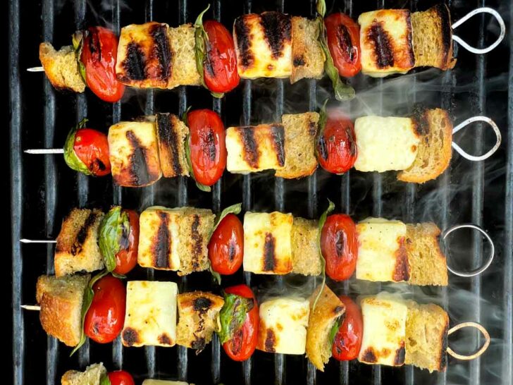 Caprese Skewers cooking on grill foodiecrush.com