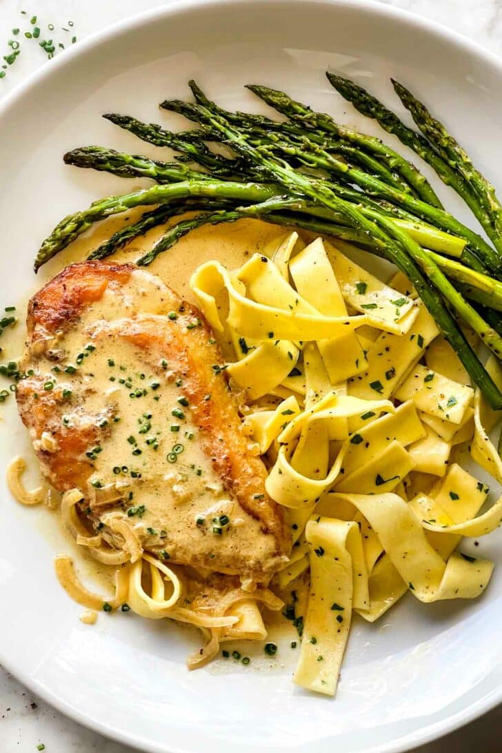 Dijon Chicken with Butter Noodles and Roasted Asparagus foodiecrush.com