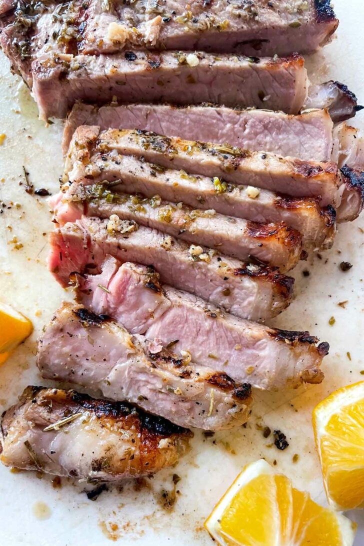 Grilled Marinated Pork Chops sliced in strips foodiecrush.com