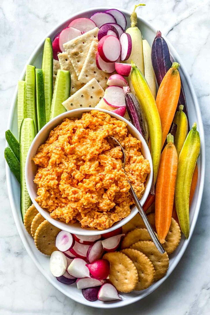Pimento Cheese with vegetables crudite on platter foodiecrush.com