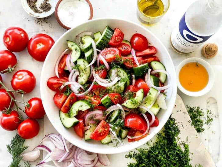 Tomato and Cucumber Salad With Dill ingredients with dressing foodiecrush.com