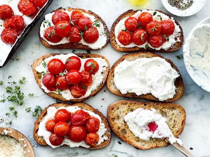 Whipped Ricotta Toasts with Roasted Tomatoes assembly foodiecrush.com