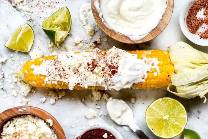 Elote Mexican Street Corn Esquites with mayonnaise and cream slather foodiecrush.com