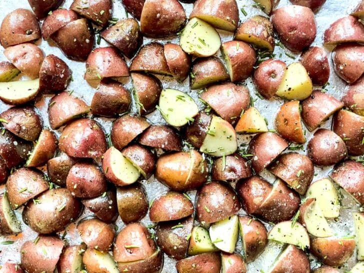 Raw Red Potatoes on sheetpan foodiecrush.com
