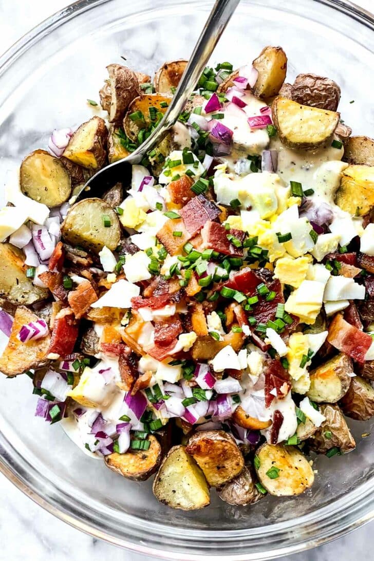 Roasted Potato Salad ingredients in bowl foodiecrush.com