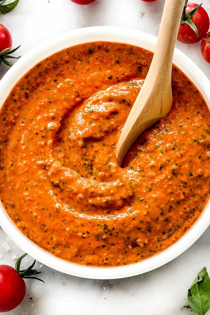 Tomato Pesto in bowl with spoon foodiecrush.com
