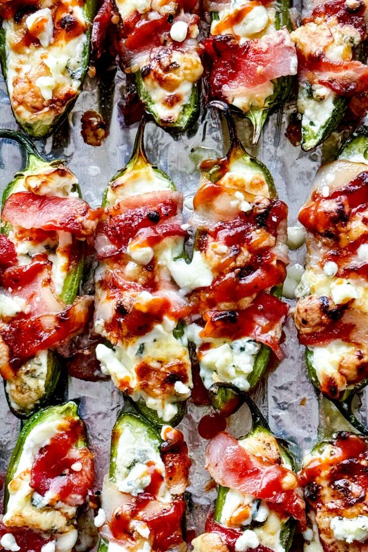 What's In Bacon Wrapped Jalapeño Poppers with Gorgonzola on baking sheet foodiecrush.com