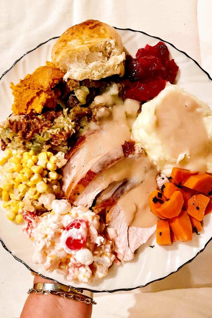 Thanksgiving Dinner plate turkey stuffing mashed potatoes foodiecrush.com 