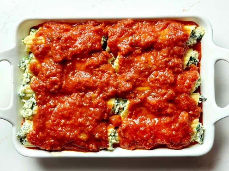 Manicotti with marinara sauce topping foodiecrush.com