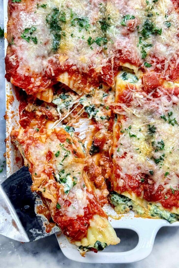 Manicotti with cheese baked in pan foodiecrush.com
