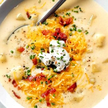 Potato Soup Recipe with bacon, cheese, and sour cream foodiecrush.com