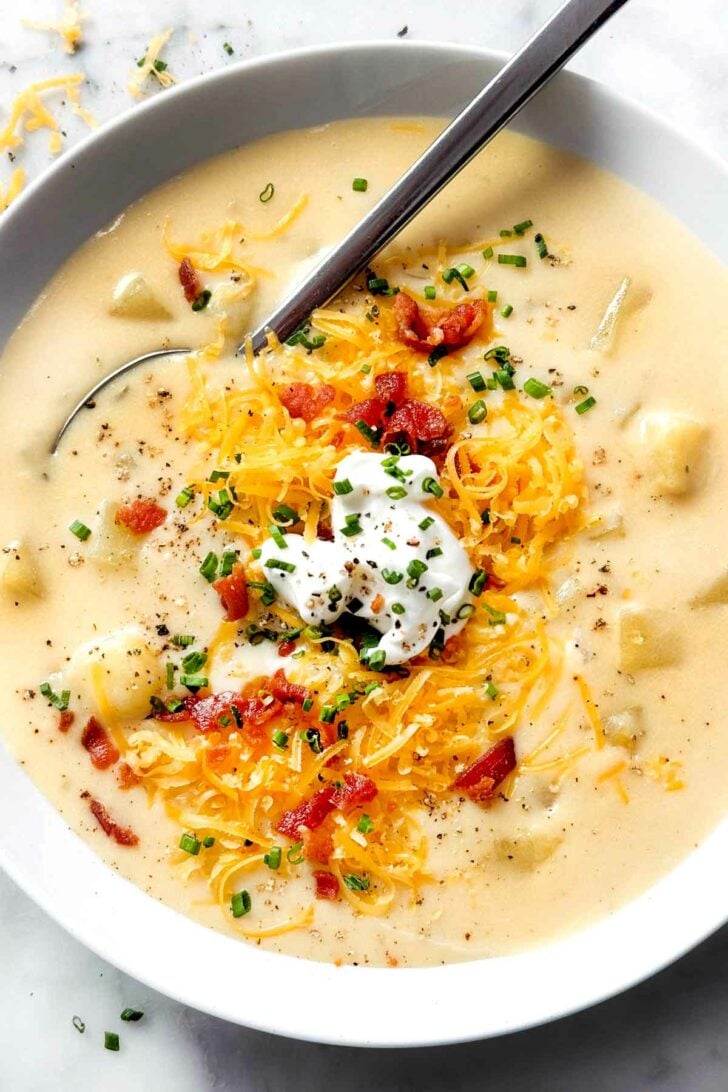 Potato Soup Recipe with bacon, cheese, and sour cream foodiecrush.com