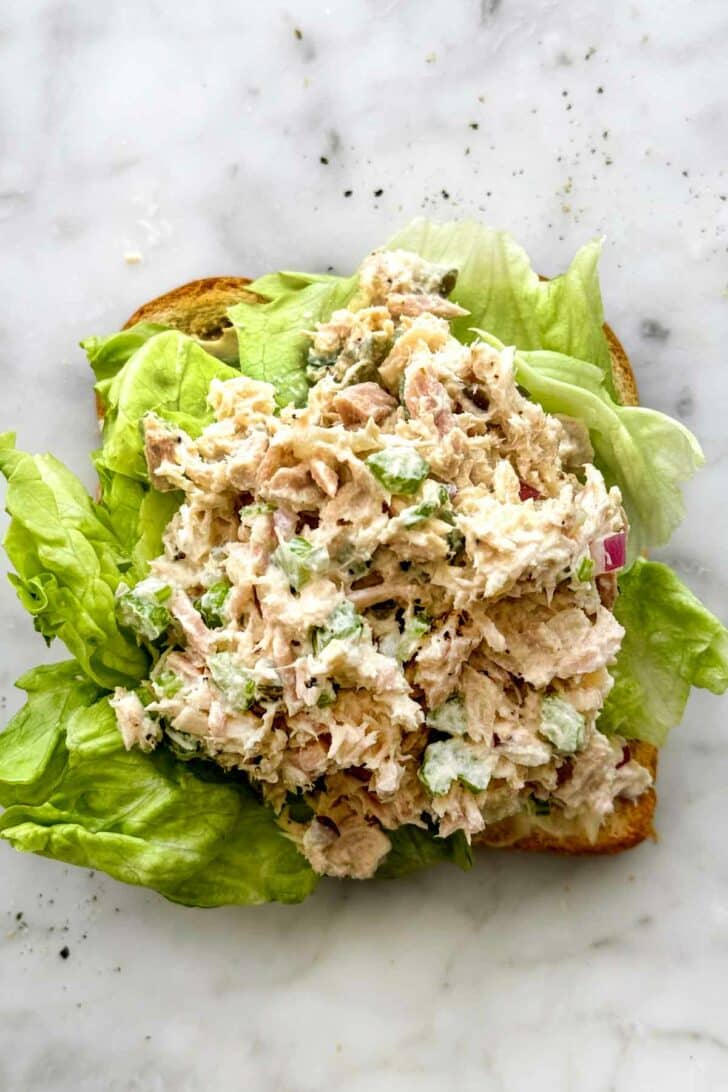 Open Face Tuna Salad Sandwich toasted bread and lettuce foodiecrush.com