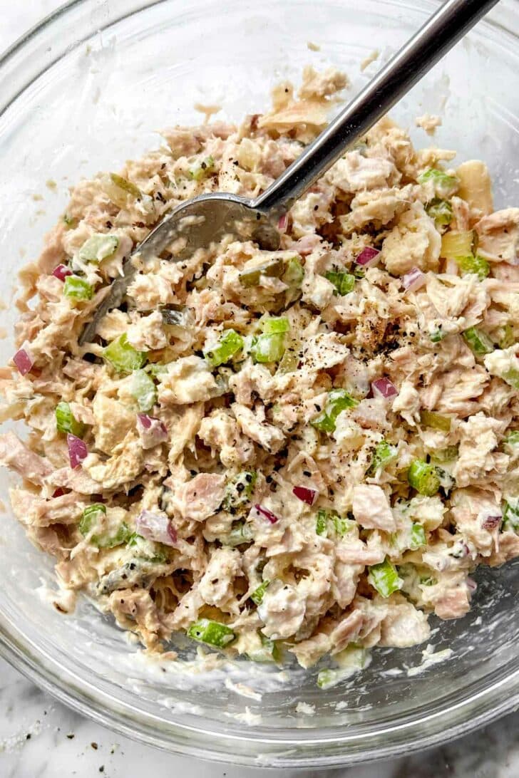 Tuna Salad in bowl with fork foodiecrush.com recipe